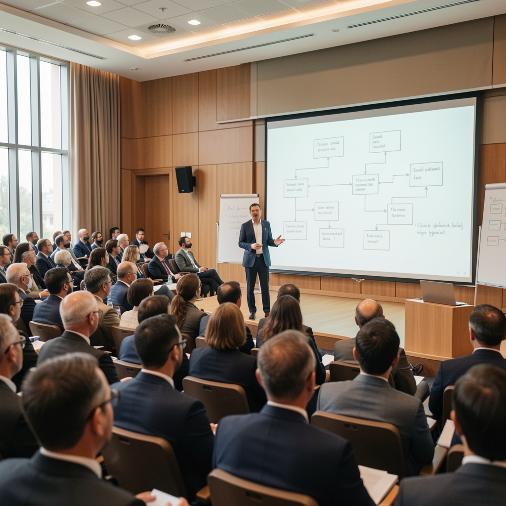 Büyük konferans salonunda TFRS geçiş semineri, beyaz tahta üzerinde diyagramlar, dinleyici kitlesi önünde sunum yapan muhasebe uzmanı