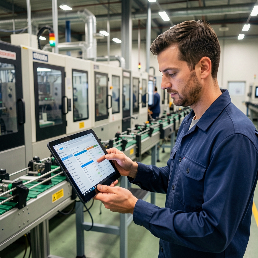 Üretim tesisinde tablet bilgisayar tutan mühendis maliyet verileri inceliyor, arka planda üretim makineleri ve montaj hattı