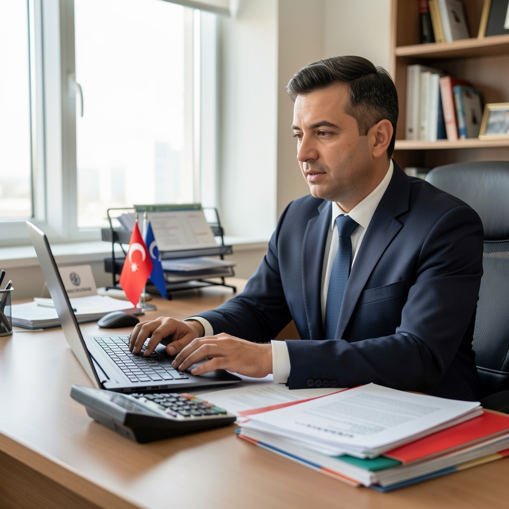 Vergi beyannamesi ve hesap makinesinin yanında çalışan muhasebeci, ofis masası, Türk bayraklı belge dosyaları
