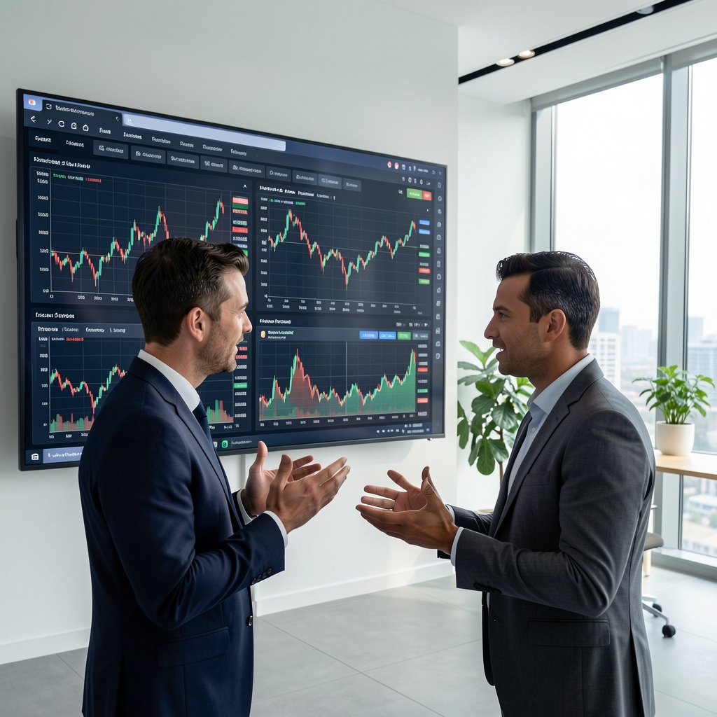 Geniş ekranda çok sayıda finansal grafik ve trend çizgisi gösteren analiz yazılımı, iki analist veri tartışıyor, modern aydınlık ofis