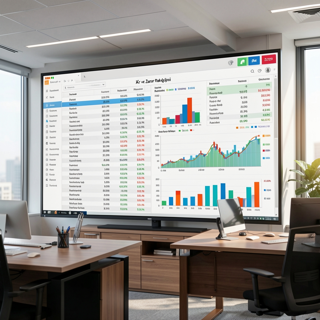 Kâr ve zarar rakamlarının yer aldığı geniş ekran finansal rapor tablosu, analitik veriler ve renkli grafiklerin bulunduğu ofis ortamı