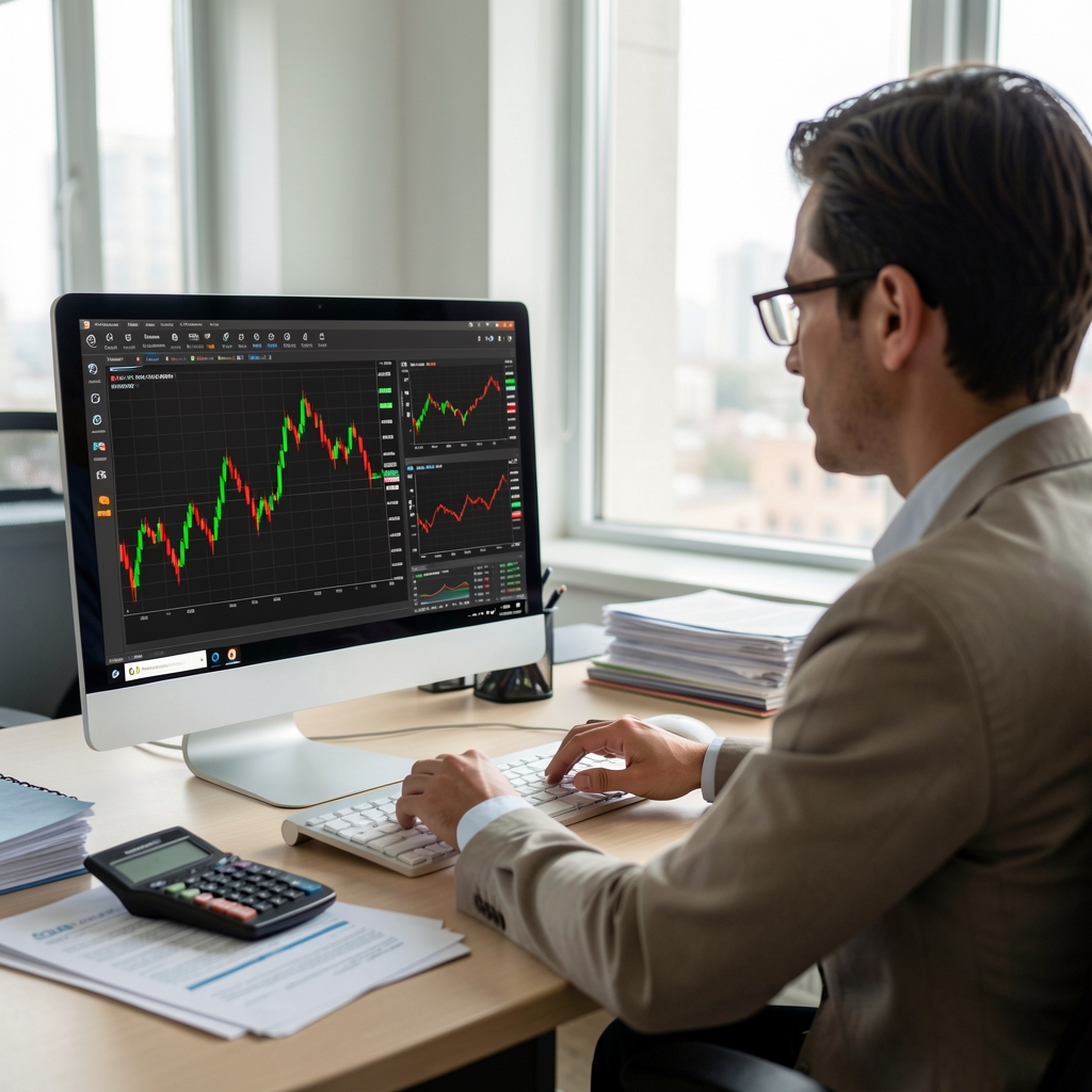 Muhasebe uzmanı bilgisayar ekranında yeşil ve kırmızı nakit akış grafiklerini inceliyor, hesap makinesi ve yazılı belgeler masada, aydınlık ofis