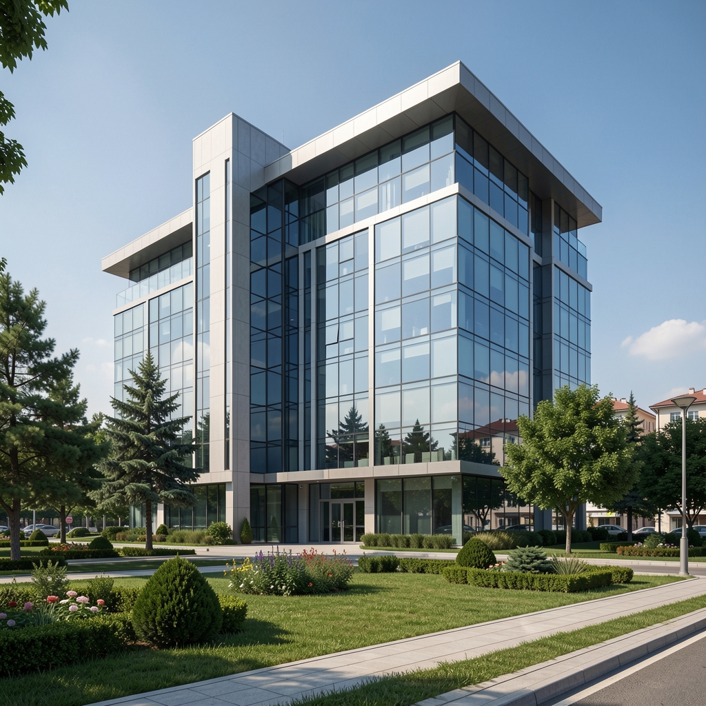 Ankara Çankaya bölgesindeki modern ofis binasının dışarıdan görünümü, cam cephe, bakımlı peyzaj, gündüz aydınlık hava