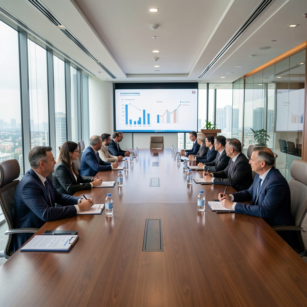 Resmi finansal rapor dosyaları ve grafik çıktıları üzerinde karar veren yönetim kurulu toplantısı, modern konferans salonu, cam duvarlar