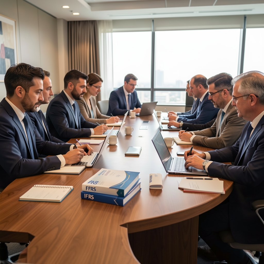 TFRS ve IFRS standart kitaplarının yer aldığı konferans masasında toplantı yapan muhasebe uzmanları, not defterleri ve dizüstü bilgisayarlar