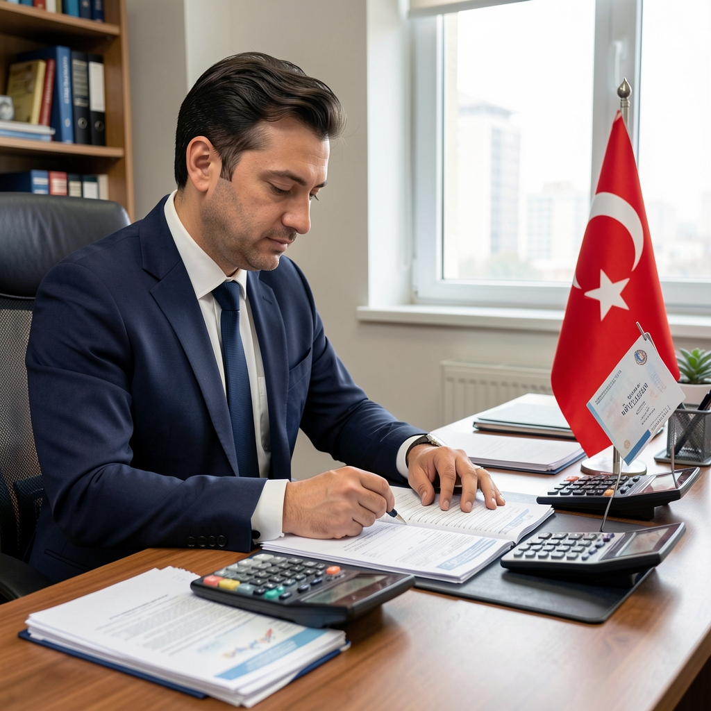 Muhasebeci ofisinde vergi beyannamesi ve resmi vergi belgeleri üzerinde çalışıyor, Türk bayrağı ve hesap makinesi masada görünür